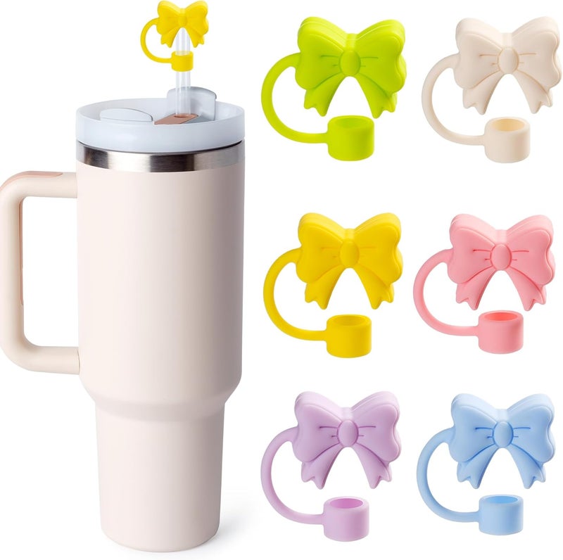linmaya 6PCS Bow Straw Toppers, Cute Straws Covers for Stanley 30&40 Oz Tumbler with Handle, 10mm Dust-Proof Drinking Straw Dispensers Topper Cap for Girls Kids (Morand Pink Yellow) - Image 1